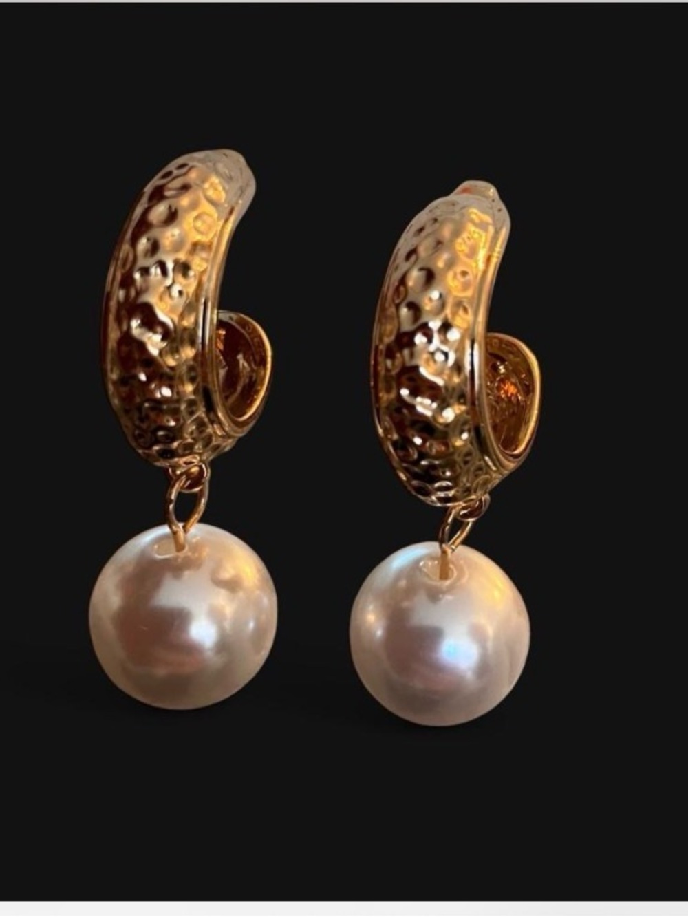 Gold Hammered Hoop Earrings with Pearl Drops